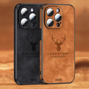 Luxury Deer Leather Phone Case For iPhone 14 13 11 12 15 Pro Max 7 8 14 15 Plus Lens Bumper Shockproof PU Cell Phone Cover