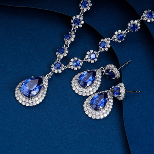 Custom Luxury 18K Gold Plated IGI Certified Diamond Earrings Necklace <b>Blue</b> <b>Sapphire</b> GRC Elegant Jewelry Set Wedding Parties - Product Image 1