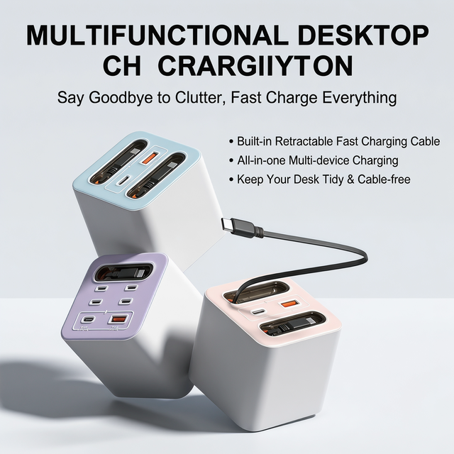 No Clutter Desktop Power Charging Hub, Built in 80CM Retractable Cables Multi Port PD QC Fast Charging Station
