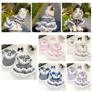 Fashion Plaid luxury <b>Cat</b> dress pet <b>clothes</b>, Breathable Checkered Pet Outfit with Ruffle Lace, Multiple Colors Available - Product Image 1