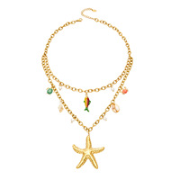 Collier tendance transfrontalier en acier inoxydable plaqué or avec pendentifs multiples étoile de mer et perles imitation émail, chaîne en bambou