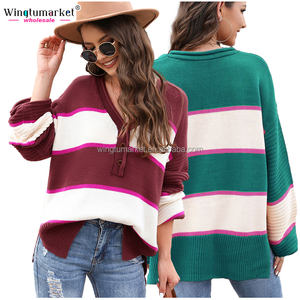 Tricoté Goutte Épaule Top Côté Fente <span class=keywords><strong>Pull</strong></span> En Tricot Bloc De Couleur Boutonné Col En V Côtelé Rayé <span class=keywords><strong>Pull</strong></span> Femmes - Product Image 2