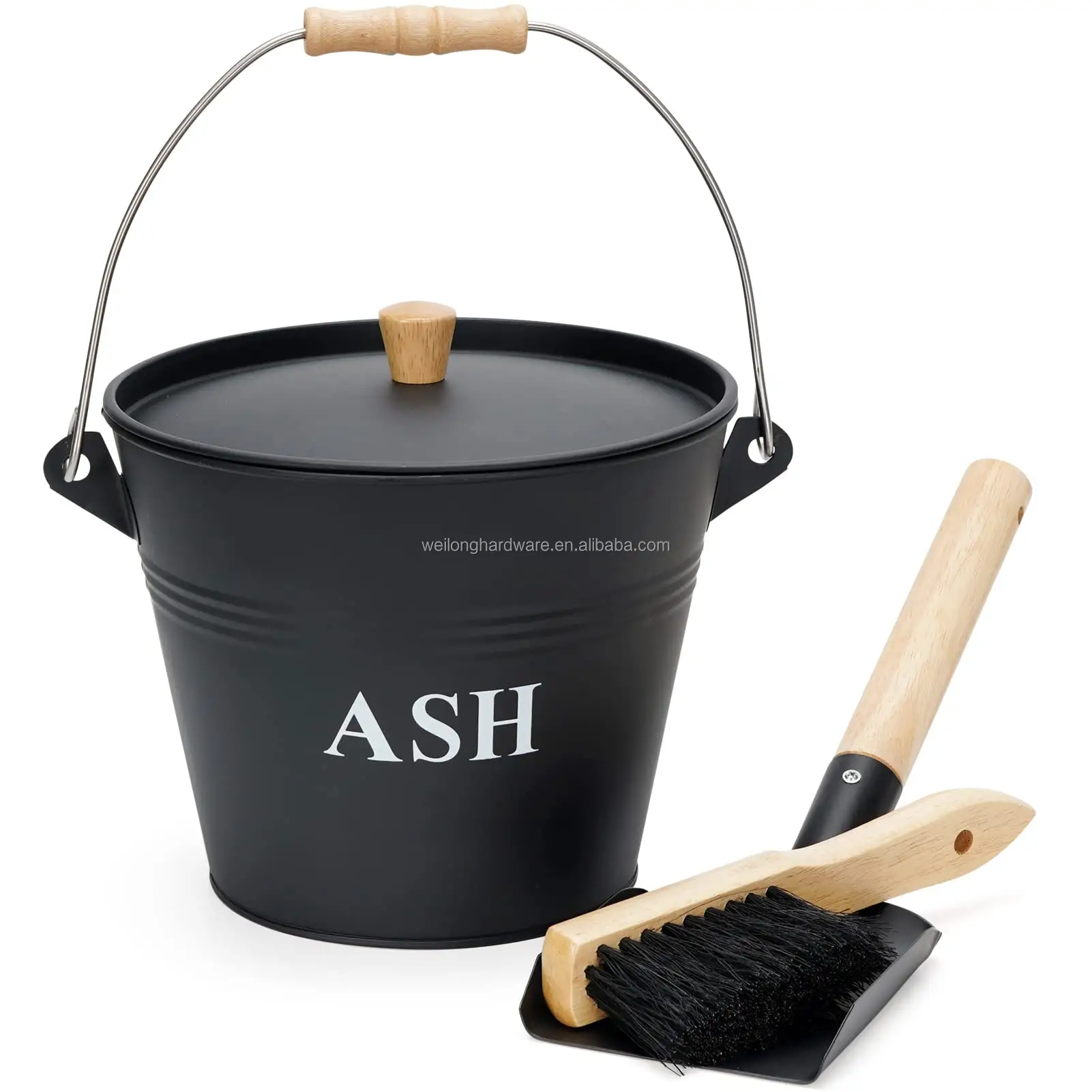 Metal Ash Bucket with Lid Shovel & Broom Coal Bucket Fireplace Tool Set Fire Pits Wood Burning Stoves Kindling Bucket