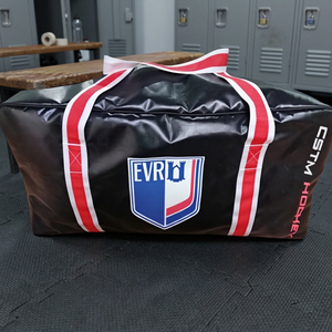Large Heavy Duty Black Tarpaulin Hockey <b>Duffel</b> <b>Bag</b> with Polyester Lining and White Red Straps Custom Logo - Product Image 3