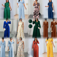 Combinaison élégante pour femmes à manches courtes et col carré, taille plus, devant smocké, pantalon large avec poches, tenue quotidienne d'été