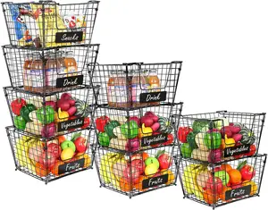 热卖4层可折叠金属丝篮XXXL尺寸4包可堆叠水果蔬菜储物篮带铭牌