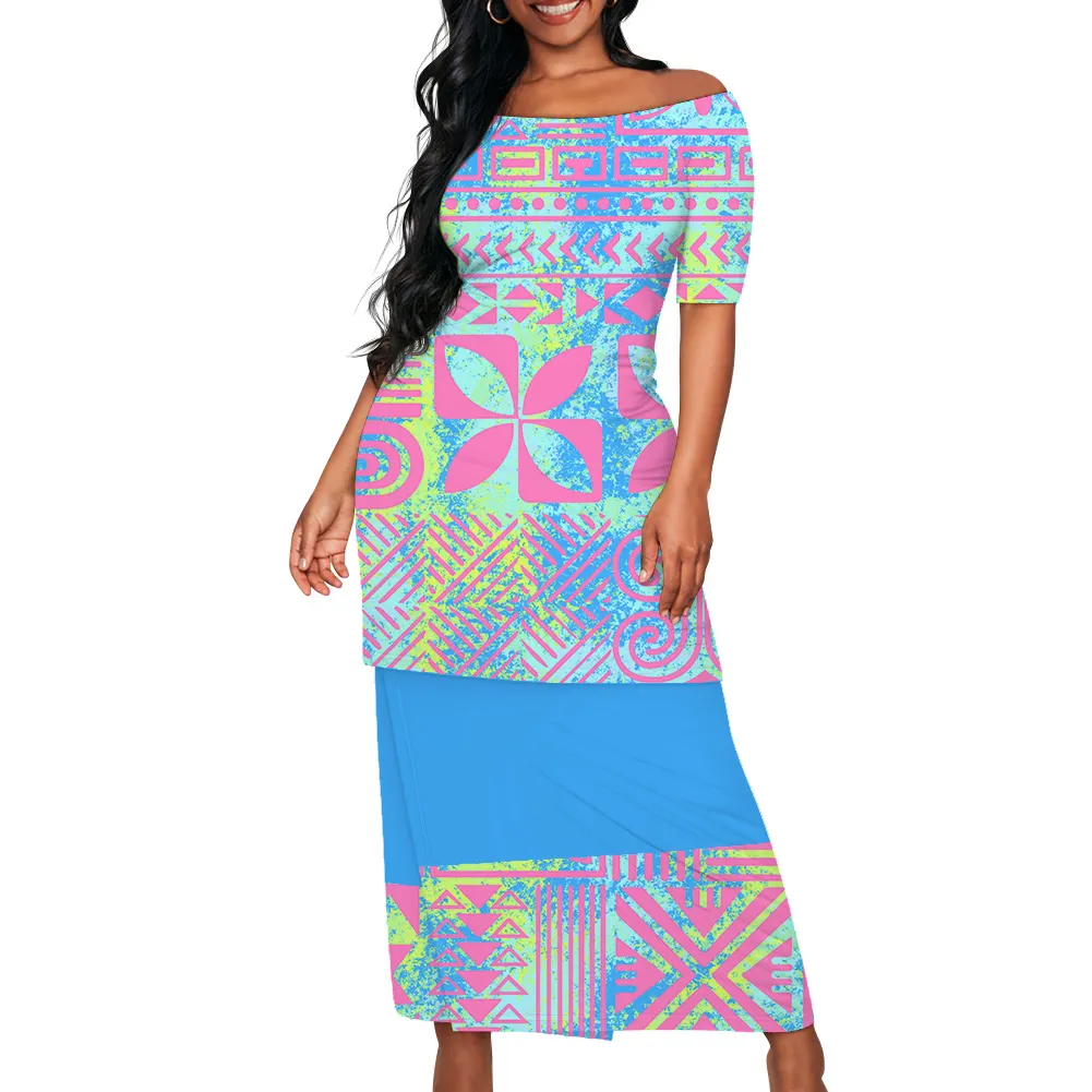 Drop Shipping Customized Polynesian Samoan Puletasi Set Hawaiian Tropical Style Half Sleeve Top And Skirts 2 Pc Skirt Set