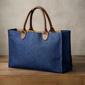 Large Blue <b>jute</b> Tote Bag with Brown Leather Handles Shopping Bag for Groceries - Product Image 1