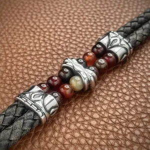 Retro Red Natural Stone Onyx Bracelet Double Layers Genuine Leather Link Bracelet Stainless Steel Wristband Men's Jewelry
