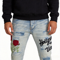 Jeans Y2K Vintage Hip Hop High Street en Denim Épais, Coupe Slim, Effet Usé, Délavé à la Pierre, Broderie Rose et Broderie de Lettres