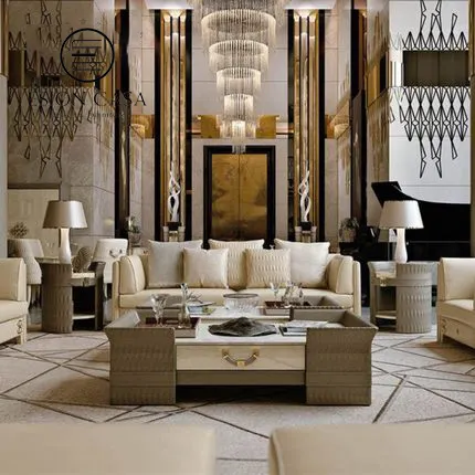 Mobiliário de luxo italiano moderno, mesa de café moderna padrão de couro mármore estampa moderna mesa de café e suporte de tv