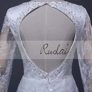 Ruolai LV6A37 최신 디자인 V-넥 신부 가운 모슬린 레이스 구슬 간단한 긴 소매 아랍어 웨딩 드레스 웨딩 가운 - Product Image 2