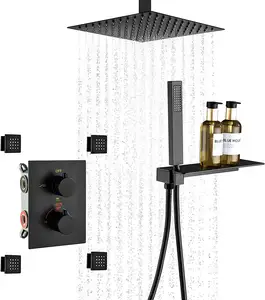 Toptan duş rafı için el duş başlığı-Termostatik yağmur biçimli duş sistemi ile 4 vücut spreyi jetleri ve duş rafı raf