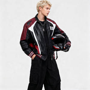 سترة جلدية للرجال بتصميم رياضي، أكمام مضلعة، خطوط جانبية، مبطنة عند المرفقين، مصنوعة من مواد متينة، ملابس رياضية عصرية - Product Image 3