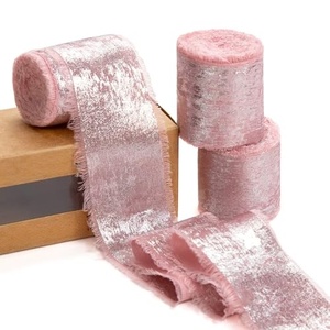 Ruban en mousseline corail profond, ruban en soie doré métallisé à bords effilochés scintillants pour bouquet de mariée, emballage cadeau, décoration de mariage - Product Image 1