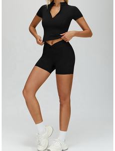 Ensemble de vêtements de sport pour femme Gym 2026, doux comme du beurre, uni, <span class=keywords><strong>2</strong></span> pièces, haut à demi-zip à <span class=keywords><strong>manches</strong></span> courtes, short de yoga, respirant, extensible dans les quatre sens - Product Image 6
