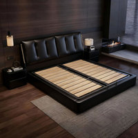 Lit rembourré en cuir véritable, style minimaliste moderne, avec cadre en bois et sommier réglable, mobilier de chambre à coucher