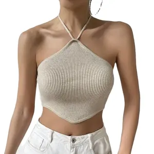 Colete de tricô com cadarço Halterneck Top para mulheres