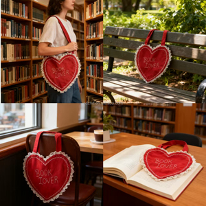 Rode hartvormige canvas tas met kantbies, geborduurde tas met 'BOOK LOVER' opdruk, casual boekentas, herbruikbare modieuze cadeau canvas handtas - Product Image 6