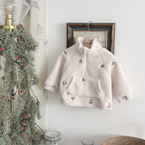 韓国語バージョンカジュアル冬暖かいジャケット赤ちゃん女の子用フリースラグラン袖ジッパーセーター花刺繍付き - Product Image 5