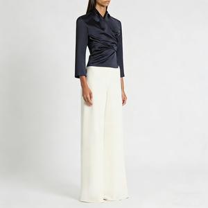 Camicetta Elegante <span class=keywords><strong>da</strong></span> Donna in Raso Blu Navy con Scollo a V, Maniche a 3/4, Vita Annodata, Ideale per Ufficio, Cerimonie e Serate Formali - Product Image 3