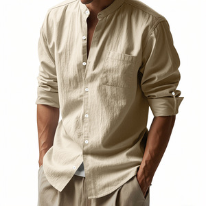 Nuova <span class=keywords><strong>Camicia</strong></span> Casual da <span class=keywords><strong>Uomo</strong></span> in <span class=keywords><strong>Lino</strong></span> con Colletto Rialzato e Perline, Traspirante, Antipiega, Stile Cinese, con Tasche, per Primavera Autunno - Product Image 5