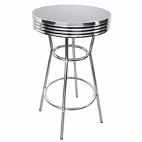 Table de bar rétro style américain des années 1950, plateau rond, pieds chromés, repose-pieds double anneau, bord côtelé, pour restaurant, café, pub