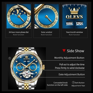 OLEVS 7016 Automatic <b>Mechanical</b> Watch For Men Moon Phase Calendar Hollow Luxury Wrist Watches Waterproof Luminous Man Hand <b>Clock</b> - Product Image 2
