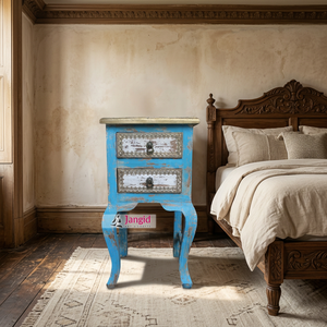 Reclaimed Wood Distressed <b>Blue</b> Colonial Style <b>Bedside</b> Nightstands Bedroom 2 Drawers <b>Table</b> Handcrafted For Living Room Hotel - Product Image 3