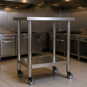 Table de travail pour cuisine commerciale, fabrication en acier, pieds réglables en hauteur, finition polie, 4 roues, modulaire, auto-assemblable - Product Image 2
