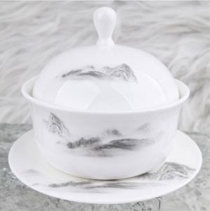 Casserole individuelle en porcelaine fine de qualité hôtelière, motif floral élégant avec bordure dorée, bol à vapeur couvercle intégré - Product Image 2