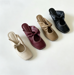 Mules en cuir véritable à bout carré avec nœud, pantoufles plates pour femmes, chaussures femme, sandales femme - Product Image 1