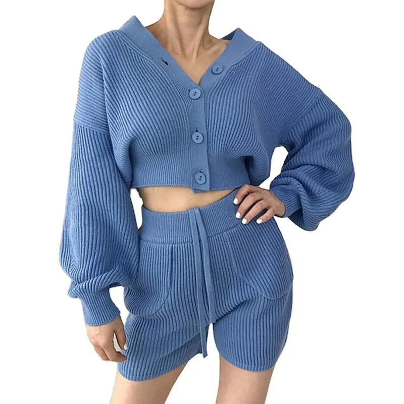 Custom Women Knit Crop Wool Rib Knit Cardigan Sweater 2 Two Piece Lounge wear Short Pants Set