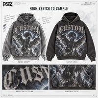 Fabricant de streetwear personnalisé : Sweat à capuche Eclipse Raven 450 GSM, coupe oversize, imprimé vintage, lettrage en strass, OEM ODM