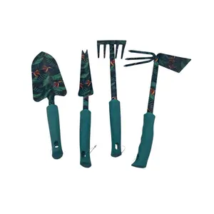 Nouvel arrivage d'outils de jardin en métal 4 pièces, y compris truelle de jardin, râteau, houe et désherbeuse avec poignées en gravats ensembles d'outils à main de jardin