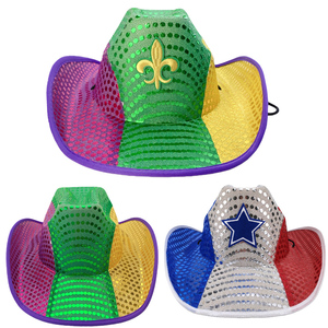 Chapeau <span class=keywords><strong>de</strong></span> cowboy Mardi Gras brillant à paillettes colorées pour les fans <span class=keywords><strong>de</strong></span> football, accessoire <span class=keywords><strong>de</strong></span> costume pour <span class=keywords><strong>le</strong></span> Mardi Gras, chapeau <span class=keywords><strong>de</strong></span> costume pour les matchs <span class=keywords><strong>de</strong></span> football - Product Image 1