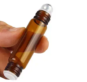 Rolo de óleo essencial de vidro âmbar, rolo de óleo essencial de vidro transparente com garrafa de rolo com gotejador de ouro e rolo de metal de 10ml