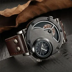 Известный цвета мужские кварцевые часы низкая цена PU Кожаный ремешок с двумя часовыми поясами прохладной хранения Бизнес наручные часы