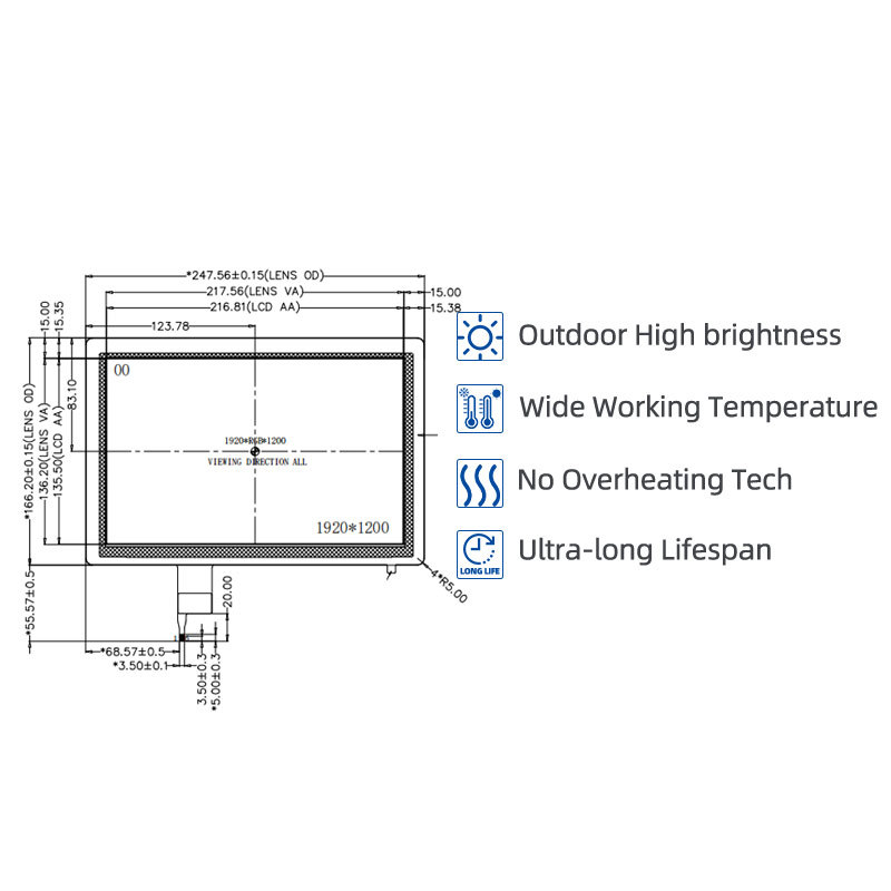10.1 Inch 1920x1200 High Brightness Display 1000nits IPS LVDS TFT LCD Display With Capacitive Touch