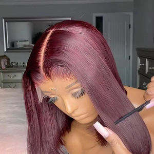 Peluca Frontal de Encaje Completo HD 13x4, Corte Bob Corto Recto, Liso Sedoso, Color Rojo Borgoña 99J, Fibra Resistente al Calor, Sin Pegamento - Product Image 5