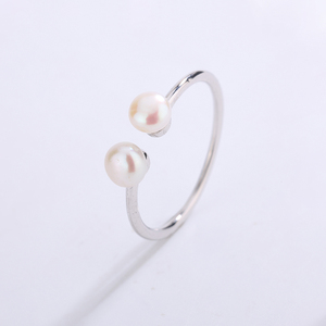 S925 Silver <b>Plain</b> Openwork <b>Ring</b> with Two Small Freshwater Pearls Stylish and Minimalist Women's Jewelry - Product Image 2