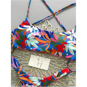 ชุดบิกินี่ลายดอกไม้สไตล์โบฮีเมียนสำหรับผู้หญิง สายคล้องคอไขว้ สายสปาเก็ตตี้ ทรงเว้าสูง ชุดว่ายน้ำสองชิ้น ผ้าเนื้อยืด - Product Image 6