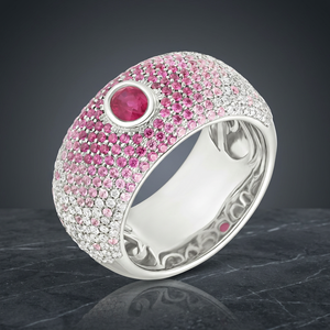 Luxury Women's <b>Cocktail</b> <b>Ring</b> 18K <b>Gold</b> Ruby Center Pave Pink Sapphires White Diamonds Party Jewelry - Product Image 3
