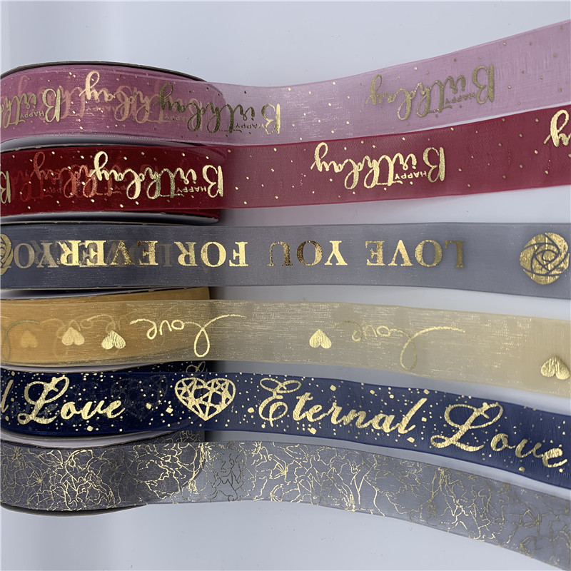 Fashion Custom Brand Name Logo Organza Printing Ribbon Foil Printed Ribbon in Roll for Gift Packing
