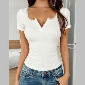 T-shirt court à manches courtes pour femmes Channel XS-3XL, style Y2K, boutonné, avec bordure en dentelle, côtelé, coupe ajustée, col rond, Henley, été, fille - Product Image 2