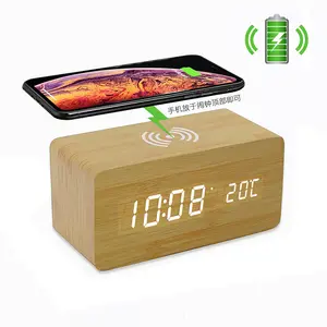 Jam Alarm Digital LED nirkabel, Jam Alarm sunyi kayu multifungsi, Jam Alarm Digital LED, pengisi daya nirkabel cepat