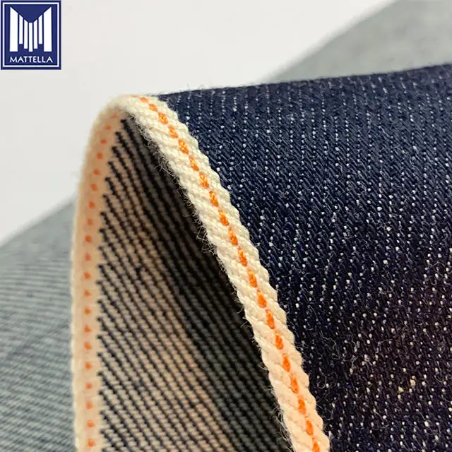 Cổ Điển Hẹp Ngắn Loom 100% Cotton 13.5Oz Chàm Dây Nhuộm Đặc Biệt Orange Biên Vải Dòng Denim Vải Cho Nguyên Liệu Denim Jeans