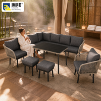 5-teiliges Outdoor-Patio-Set, L-förmiges Sofa, Sessel, Tisch, 2 Ottomanen, beige Seilgeflecht, Metall