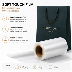 Película de Laminación de PVC/BOPP con Sensación de Terciopelo de Alta Calidad, 18 m, Laminación Térmica Húmeda, Grado Alimenticio, Transparente, para Cajas de Regalo y Bolsas de Compra - Product Image 1