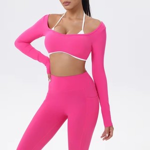 Personnalisé Femmes Haute Résistance Contraste Couleur Évider Dos Manches Longues Gym <span class=keywords><strong>Fieness</strong></span> Crop Top Respirant Yoga Workout Crop Tops - Product Image 2